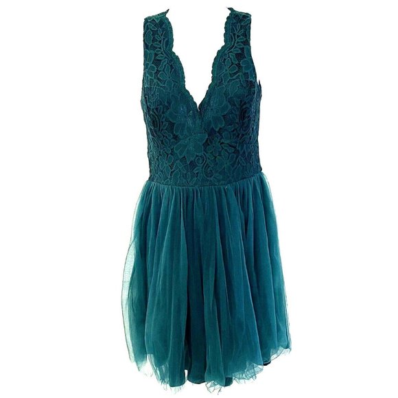 Charlotte Russe Women's XS Mini Party Dress Dark Emerald Green Lace Chiffon NWT